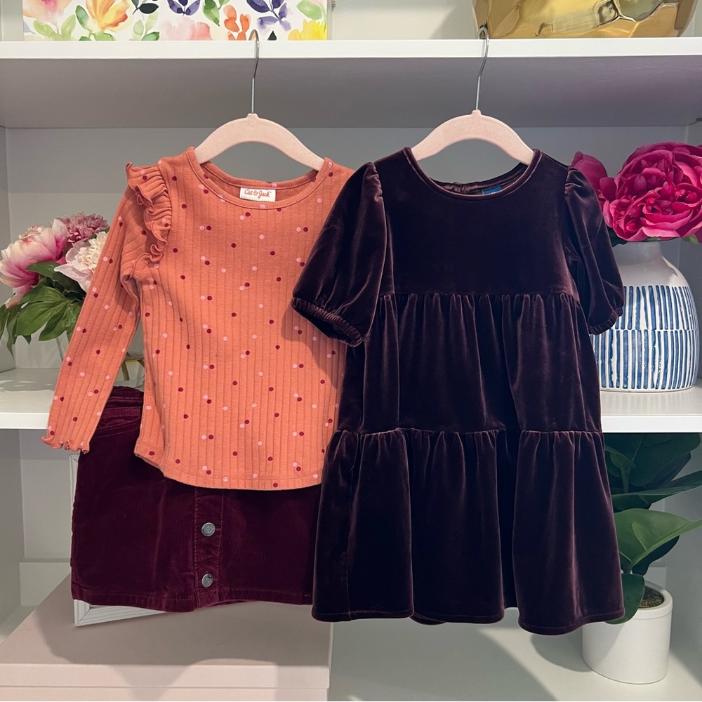 Girls 3T Burgundy Corduroy Skirt & Matching Top and Plum Velvet Dress